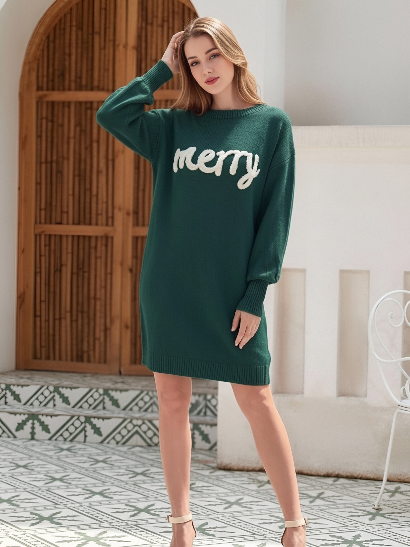 Women Christmas Merry Letter Embroidery Sweater Dress, Crew Neck Long Sleeve Loose Oversized Mini Knit Dress, Fall Winter Casual Pullover Tunic Dress view 14
