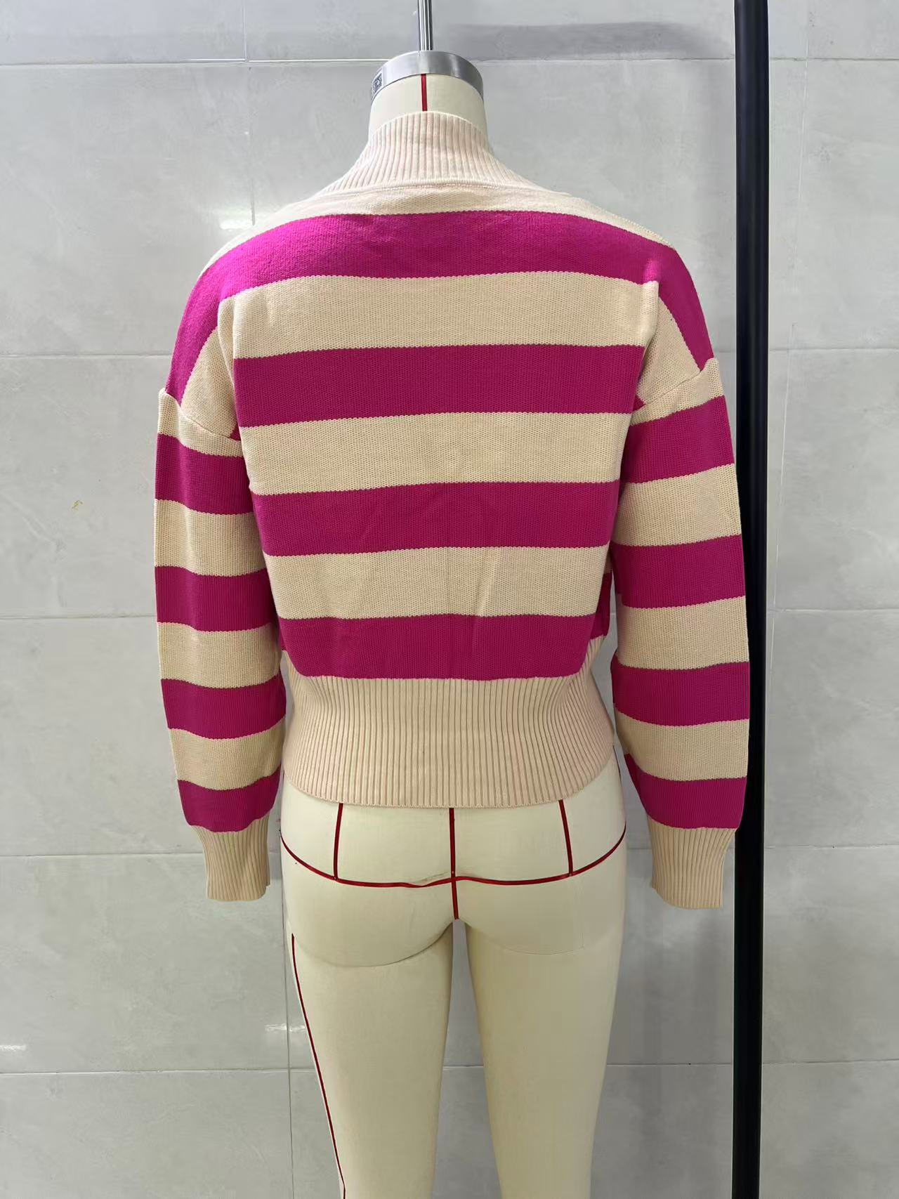 Women Striped V‑Neck Cropped Knit Cardigan, Long Sleeve Button‑Down Loose Drop Shoulder Short Sweater Coat, Casual Color Block Knit Jacket view 10