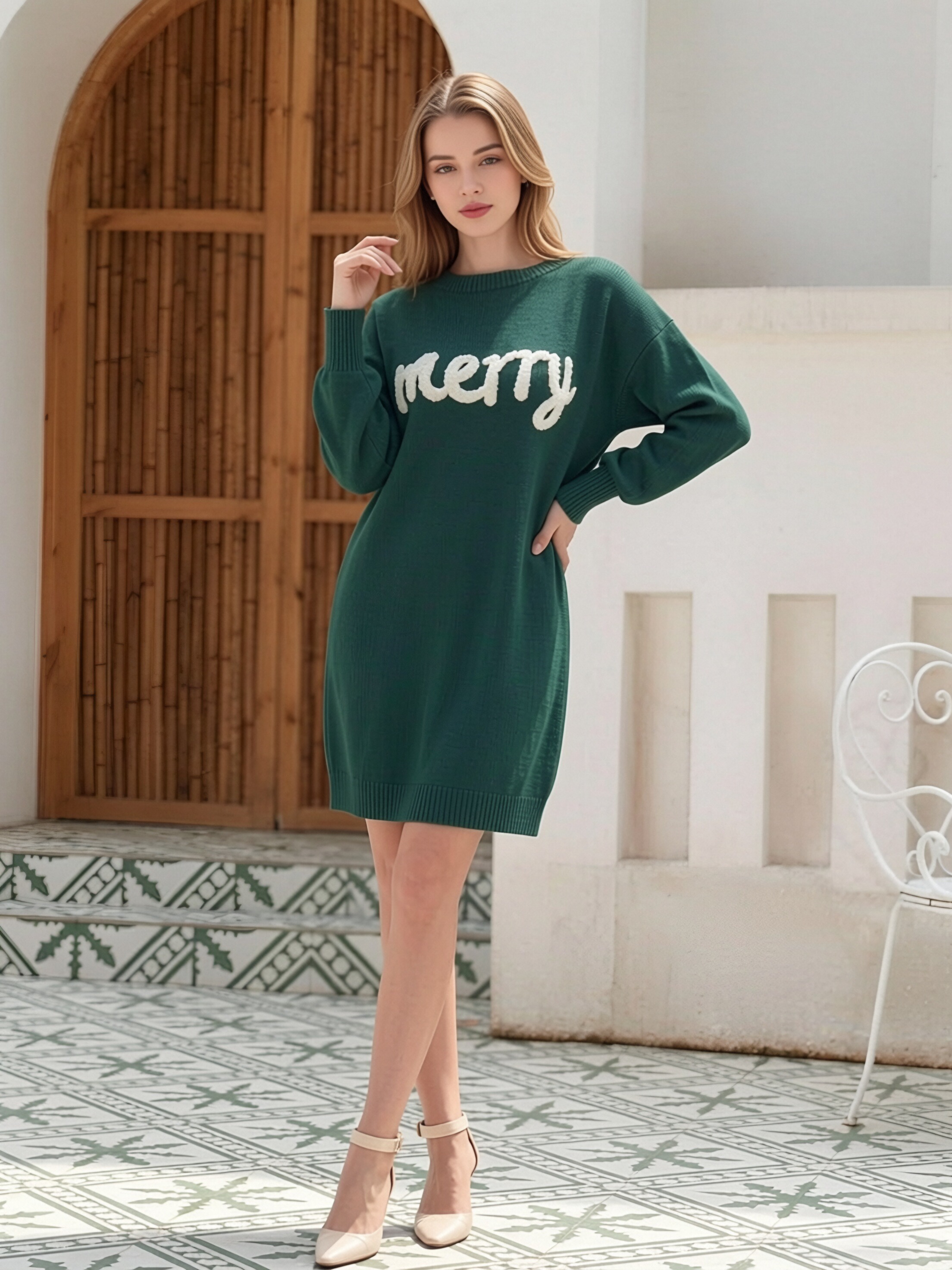 Women Christmas Merry Letter Embroidery Sweater Dress, Crew Neck Long Sleeve Loose Oversized Mini Knit Dress, Fall Winter Casual Pullover Tunic Dress view 12
