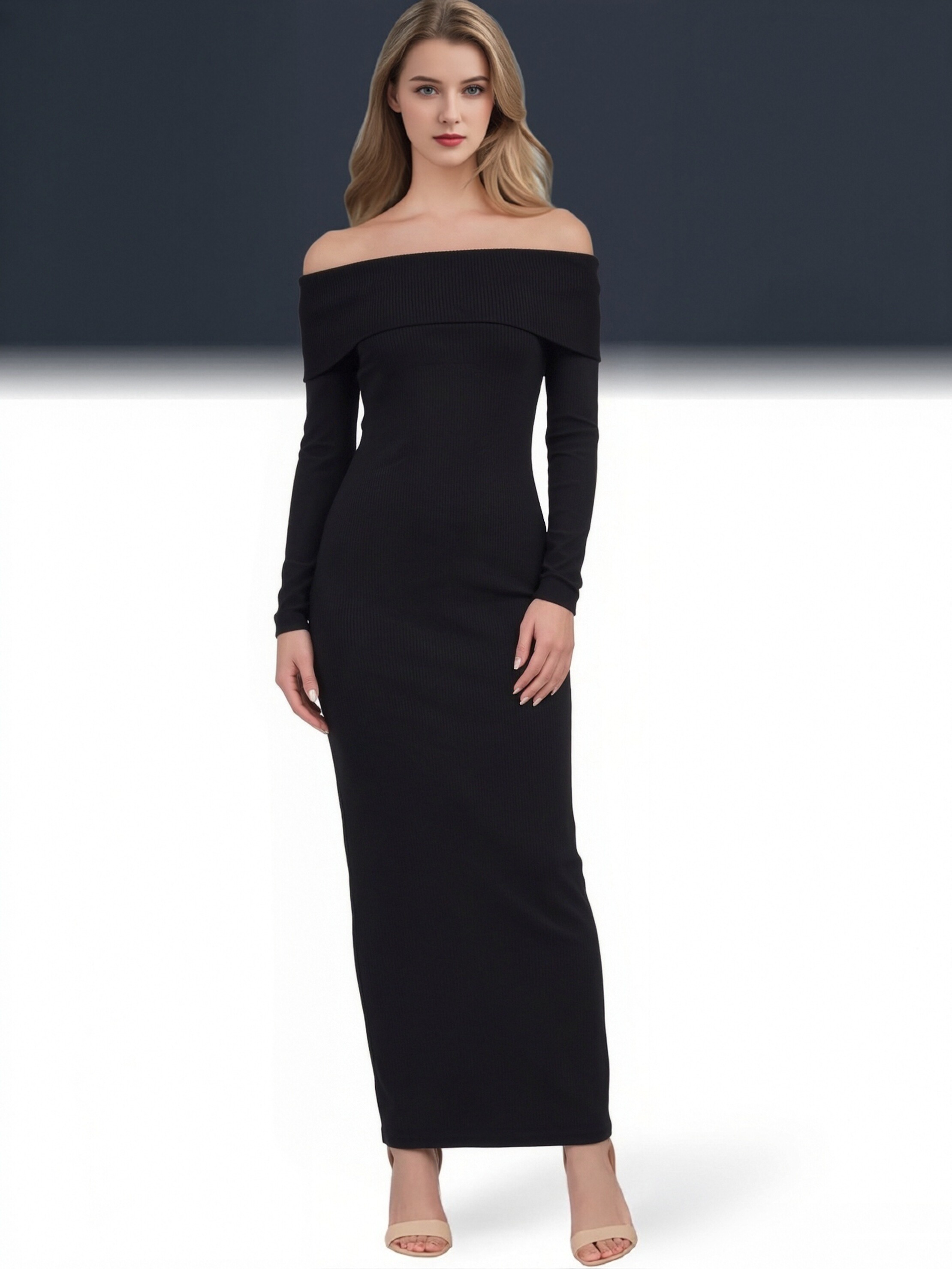 Women Fold Over Off Shoulder Long Sleeve Maxi Dress, Ribbed Knit Bodycon Floor Length Party Dress, Elegant Slim Fit Evening Midi Dress view 6