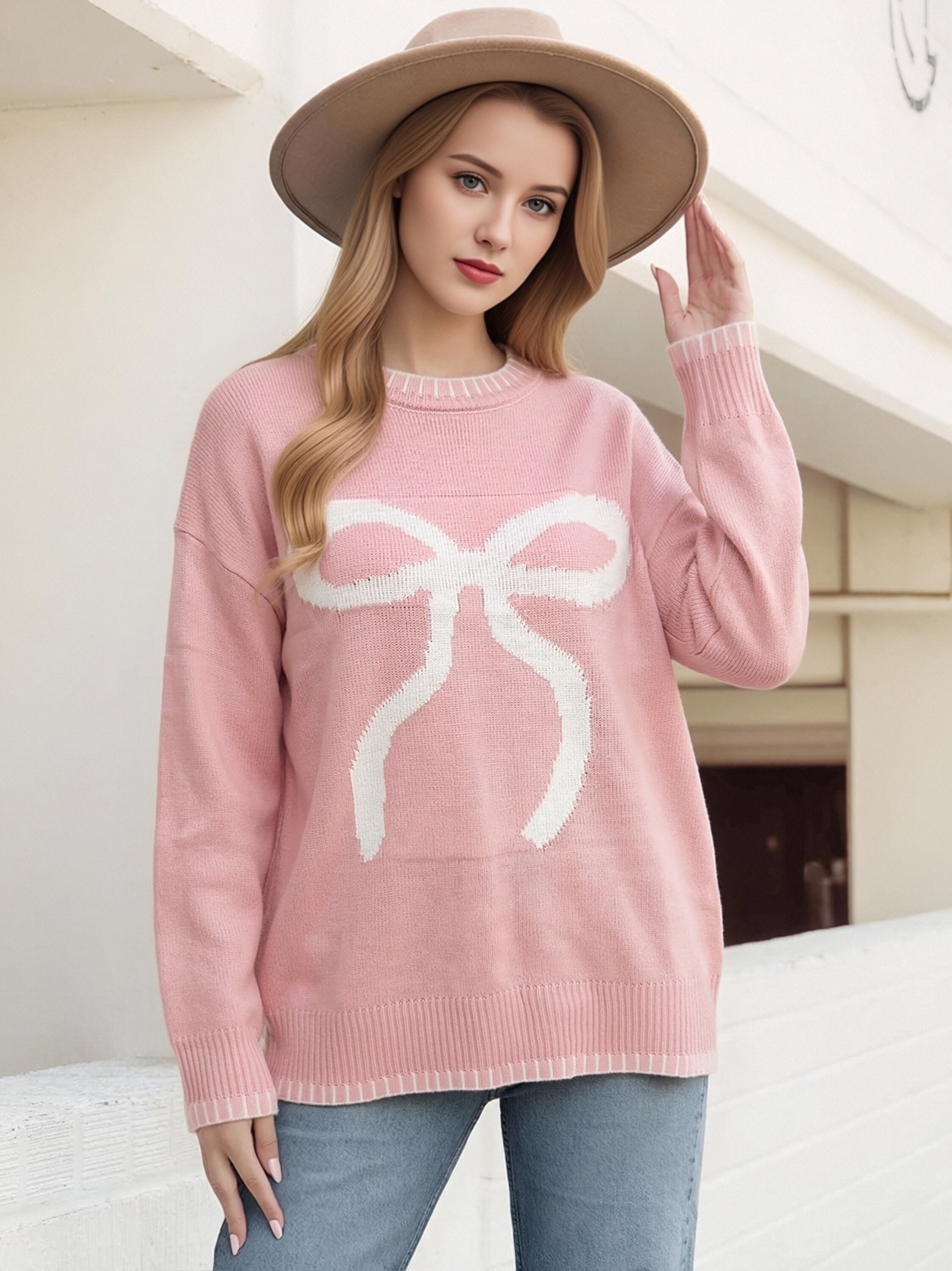 Women Oversized Crew Neck Knit Sweater Cute Big Bow Pattern Contrast Stitch Long Sleeve Loose Pullover Casual Daily Knit Top view 4