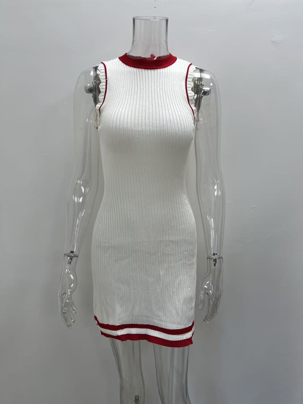 Women Sleeveless Ribbed Knit Bodycon Mini Dress, Color‑Block Trim Tie Neck Hollow Out Tank Short Dress, Y2K Casual Party Pencil Dress view 10