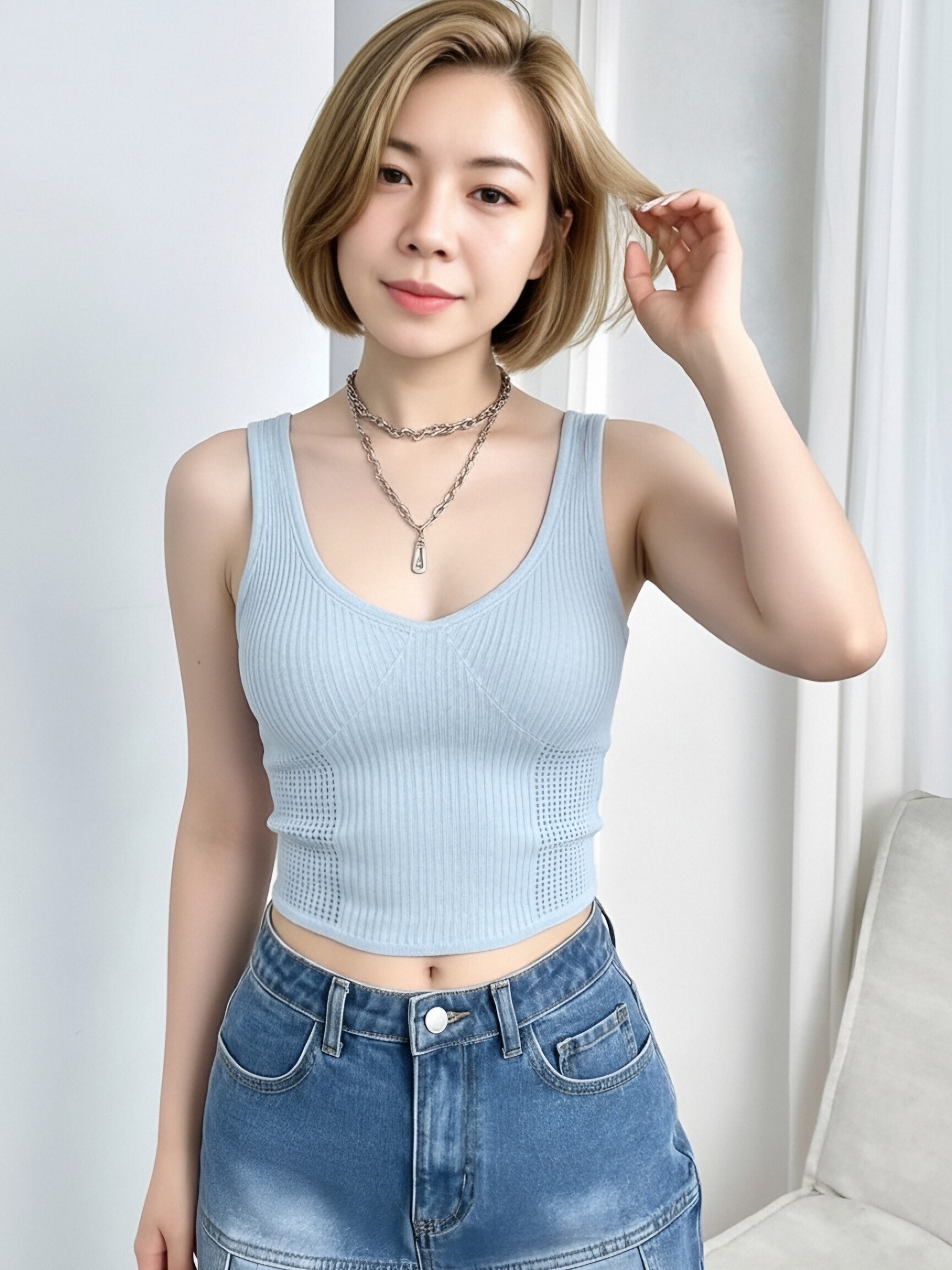Women Light Blue Ribbed Knit Crop Tank Top, Deep U Neck Hollow Mesh Splice Slim Sleeveless Camisole, Summer Breathable Y2K Cropped Vest view 3