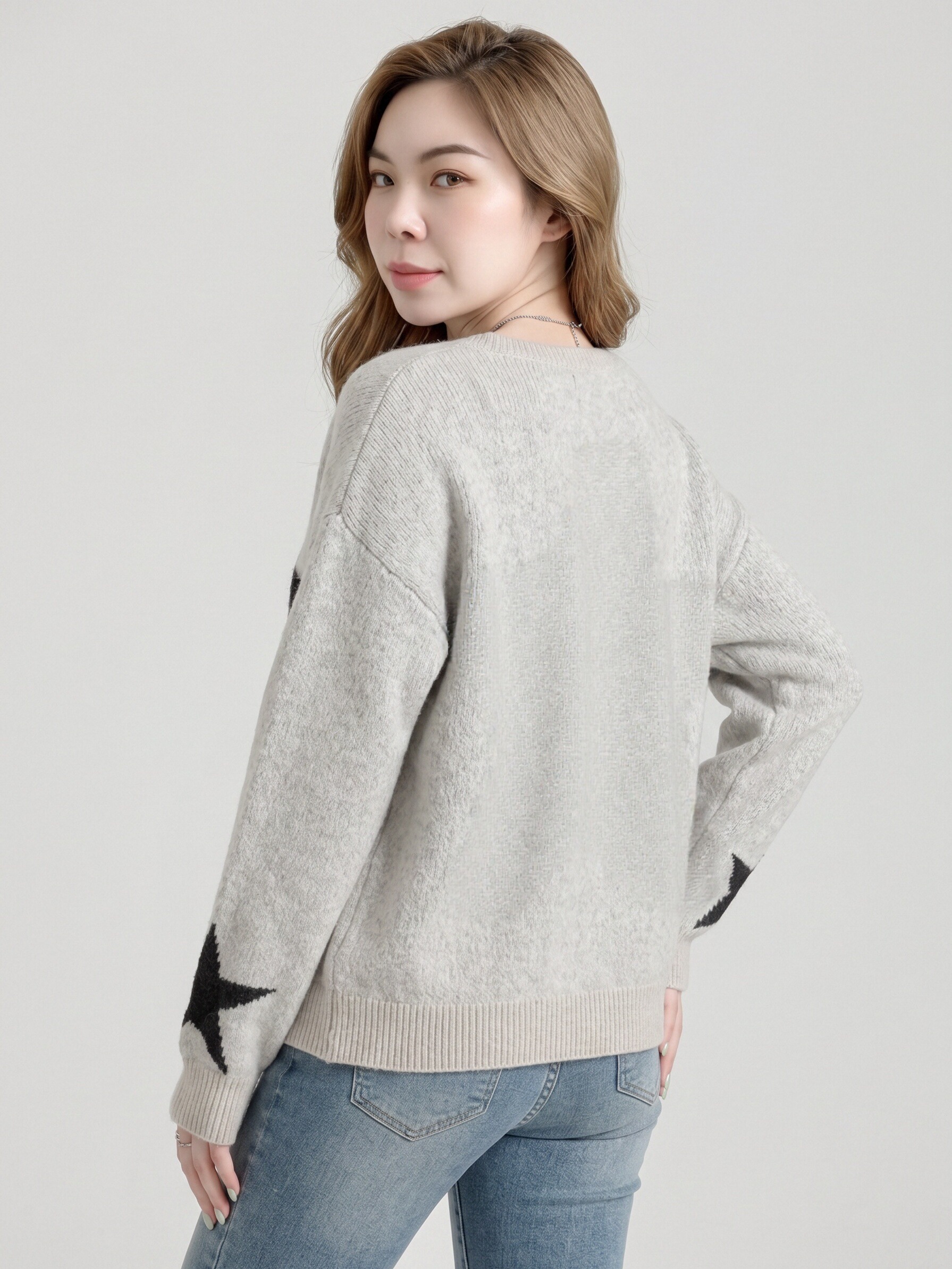 Women Star Pattern Knit Sweater,Oversized Drop Shoulder Crew Neck Pullover,Fall Winter Casual Jumper view 3