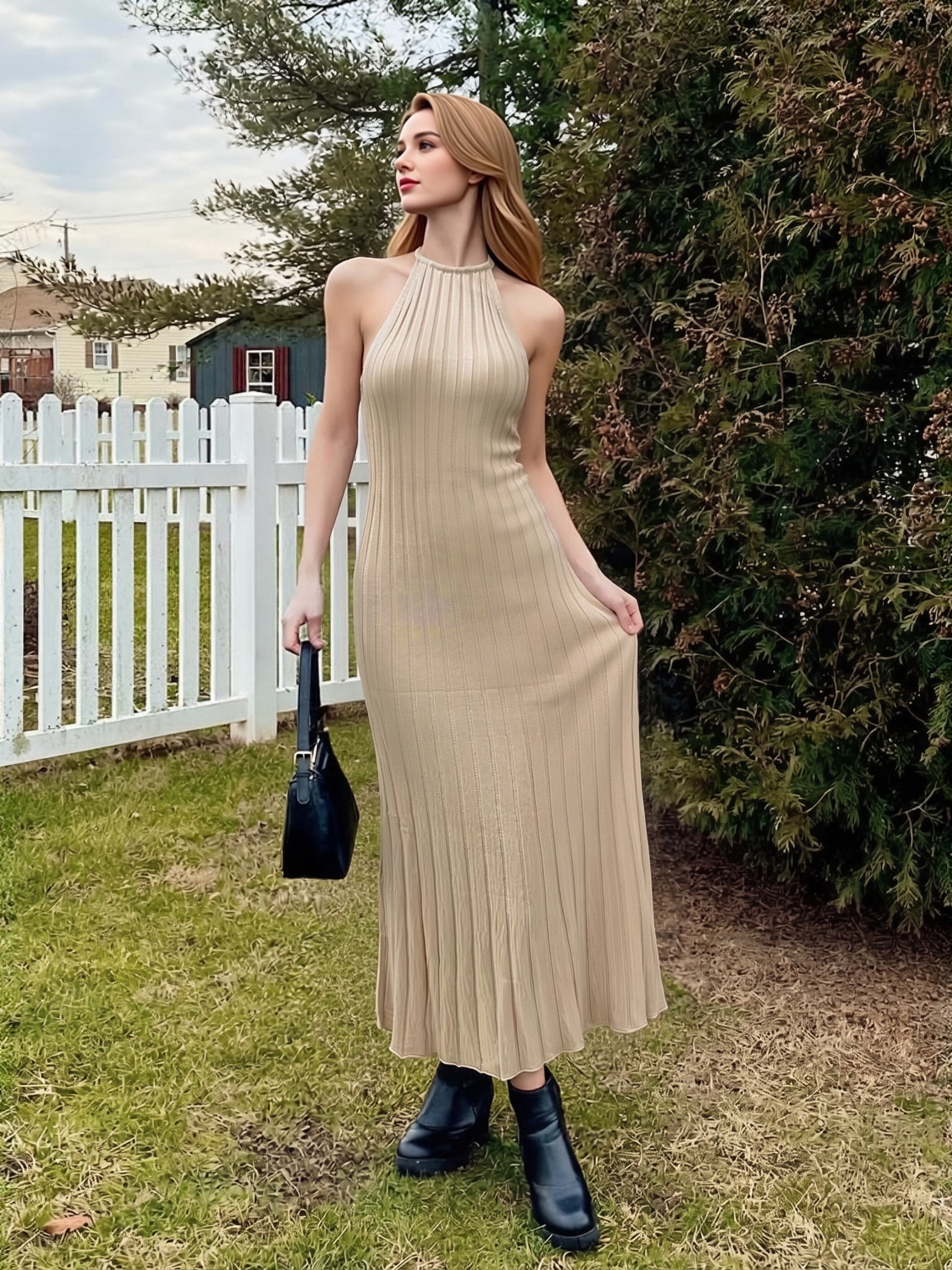Women Halter Vertical Rib Knit Maxi Dress Sleeveless Bodycon Flared Hem Long Dress Solid Color Elegant Slim Vacation Dress view 5