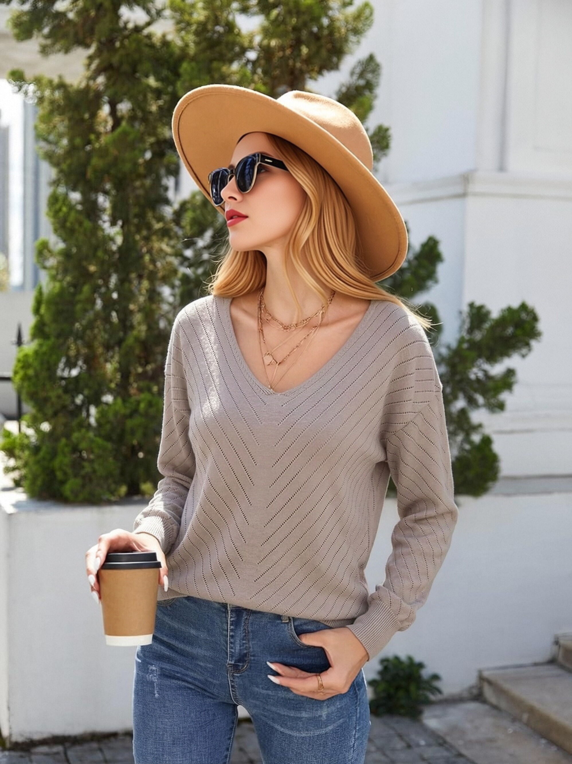 Women V‑Neck Long Sleeve Hollow Knit Sweater Top, Diagonal Textured Loose Casual Pullover Jumper, Lightweight Knit Blouse For Autumn view 4