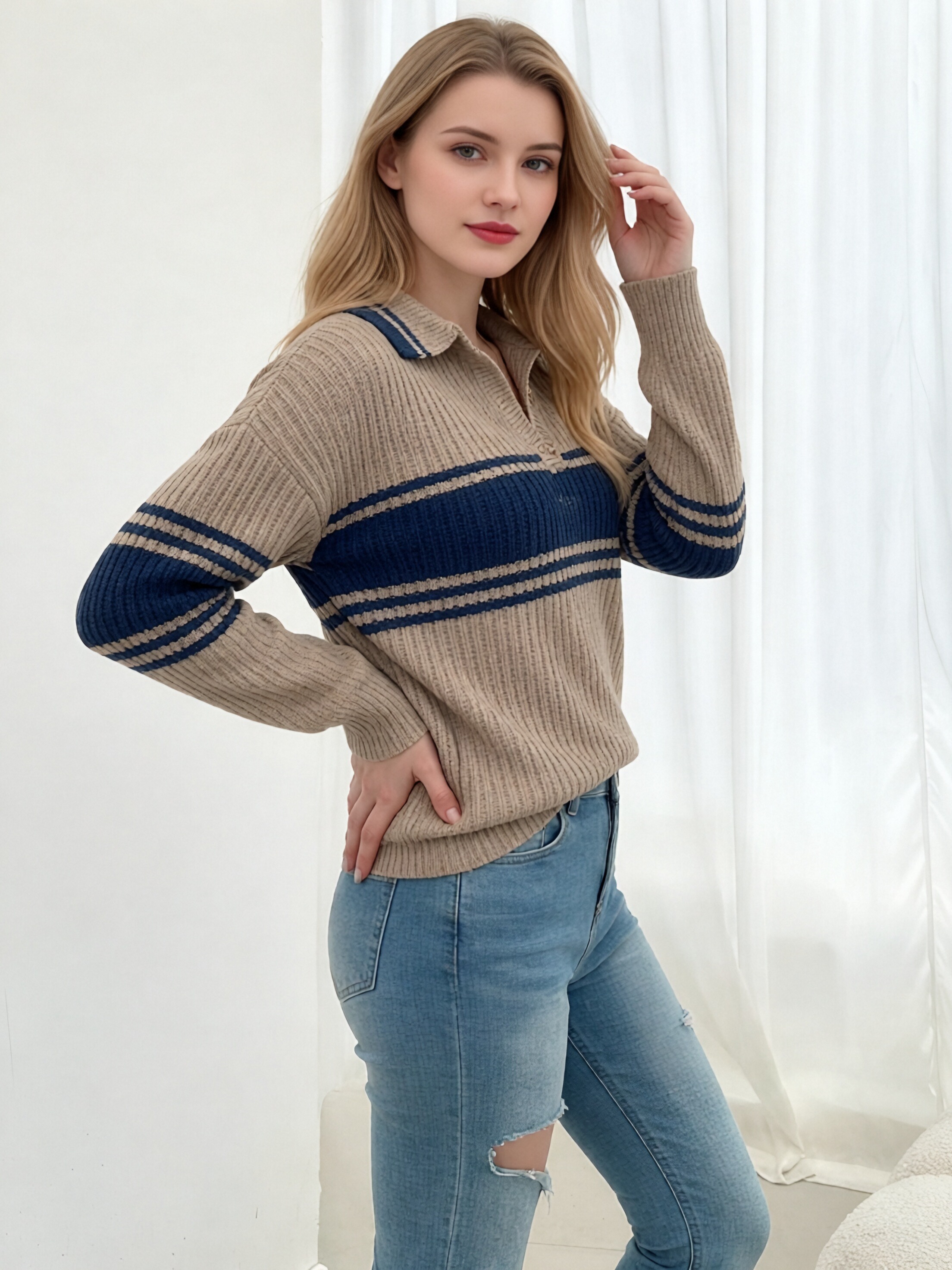 Women Lapel Half Zip Striped Knit Sweater, Khaki Navy Color Block Ribbed Pullover Jumper, Loose Drop Shoulder Long Sleeve Preppy Casual Knit Top for Spring Autumn view 5
