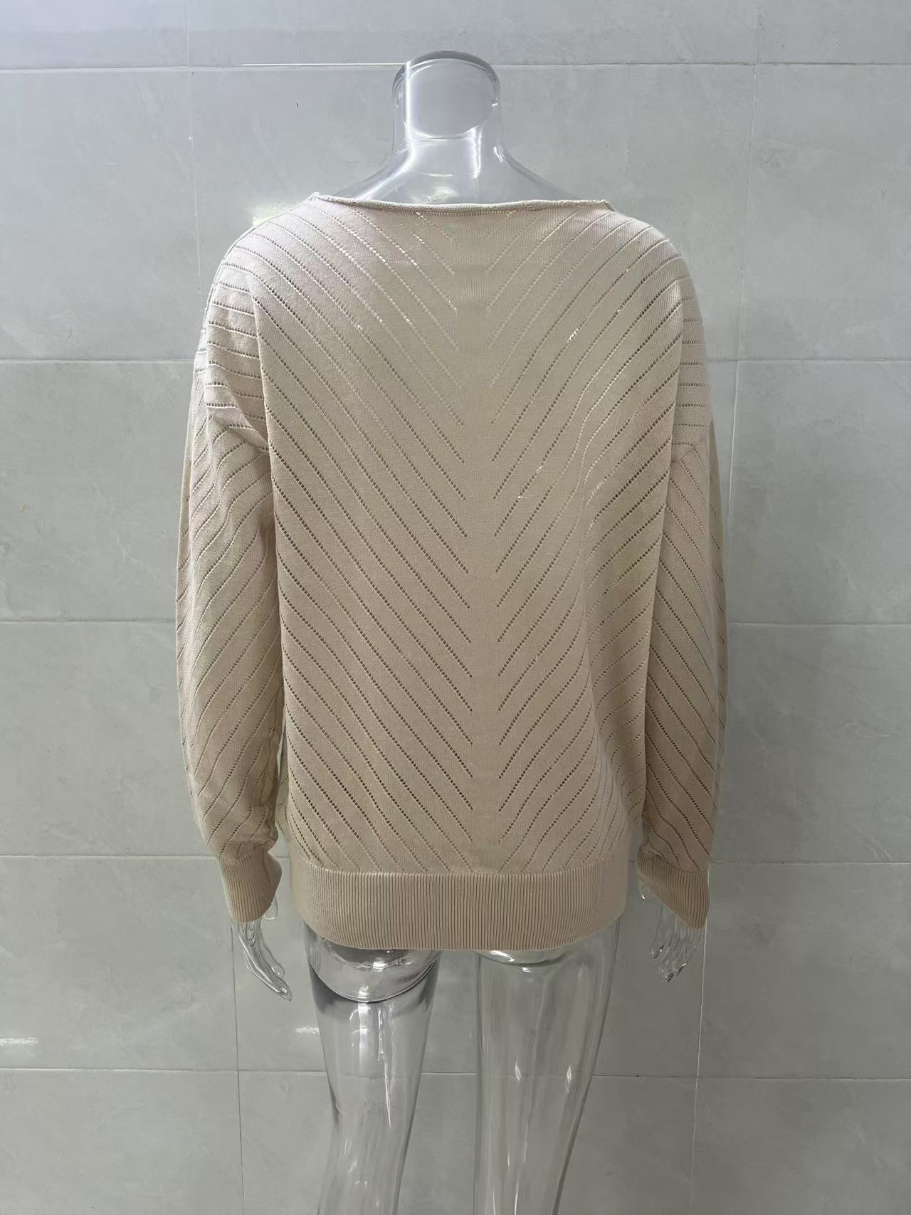 Women V‑Neck Long Sleeve Hollow Knit Sweater Top, Diagonal Textured Loose Casual Pullover Jumper, Lightweight Knit Blouse For Autumn view 8