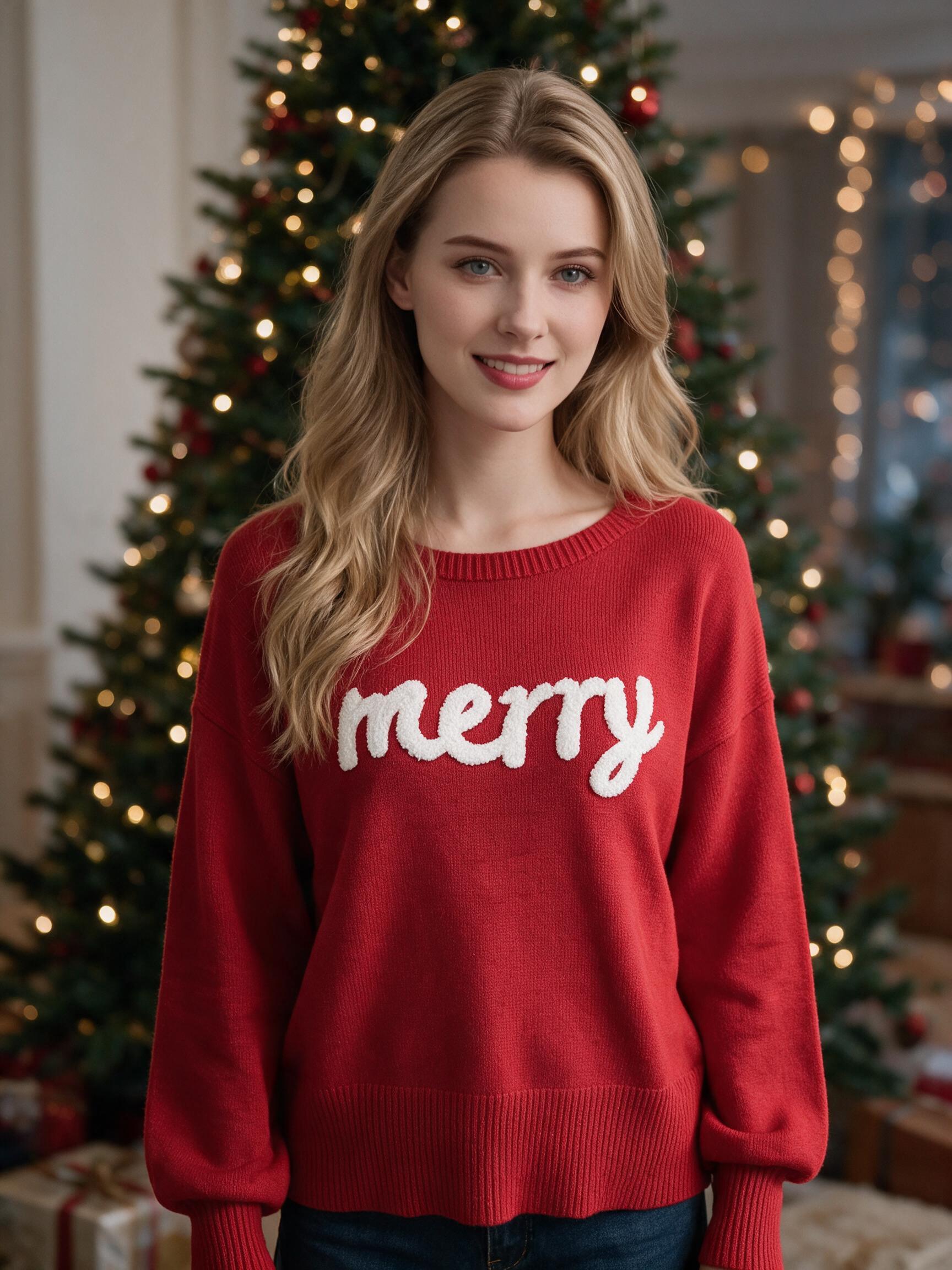 Women Merry Letter Chenille Patch Christmas Sweater, Crew Neck Long Sleeve Drop Shoulder Loose Knit Pullover, Fall Winter Holiday Casual Knit Top