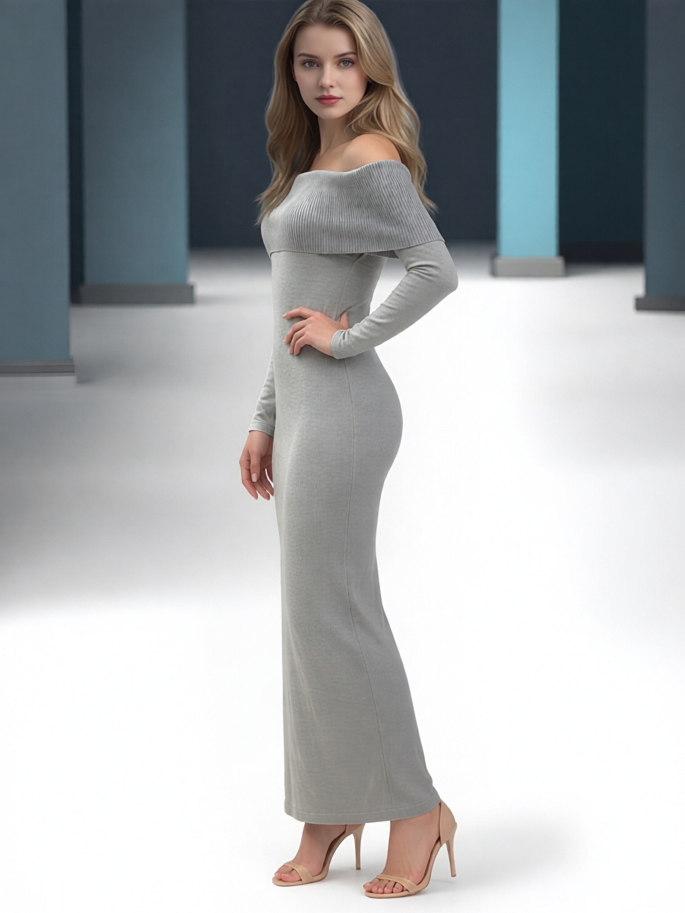 Women Fold Over Off Shoulder Long Sleeve Maxi Dress, Ribbed Knit Bodycon Floor Length Party Dress, Elegant Slim Fit Evening Midi Dress view 3