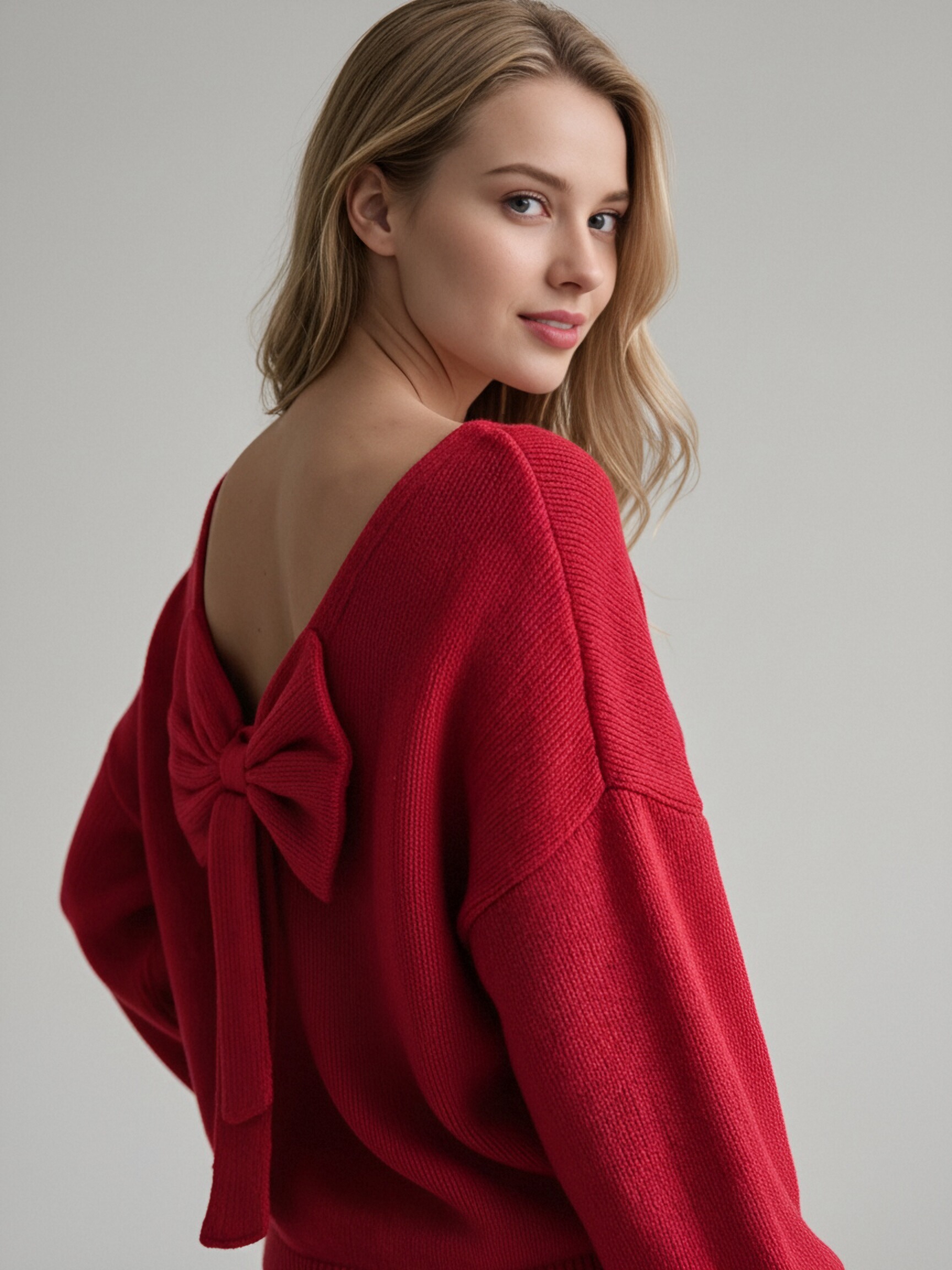 Women Back Big Bow Knit Sweater, Long Sleeve Drop Shoulder Loose Pullover, Backless V‑Back Sweet Casual Jumper Top view 4