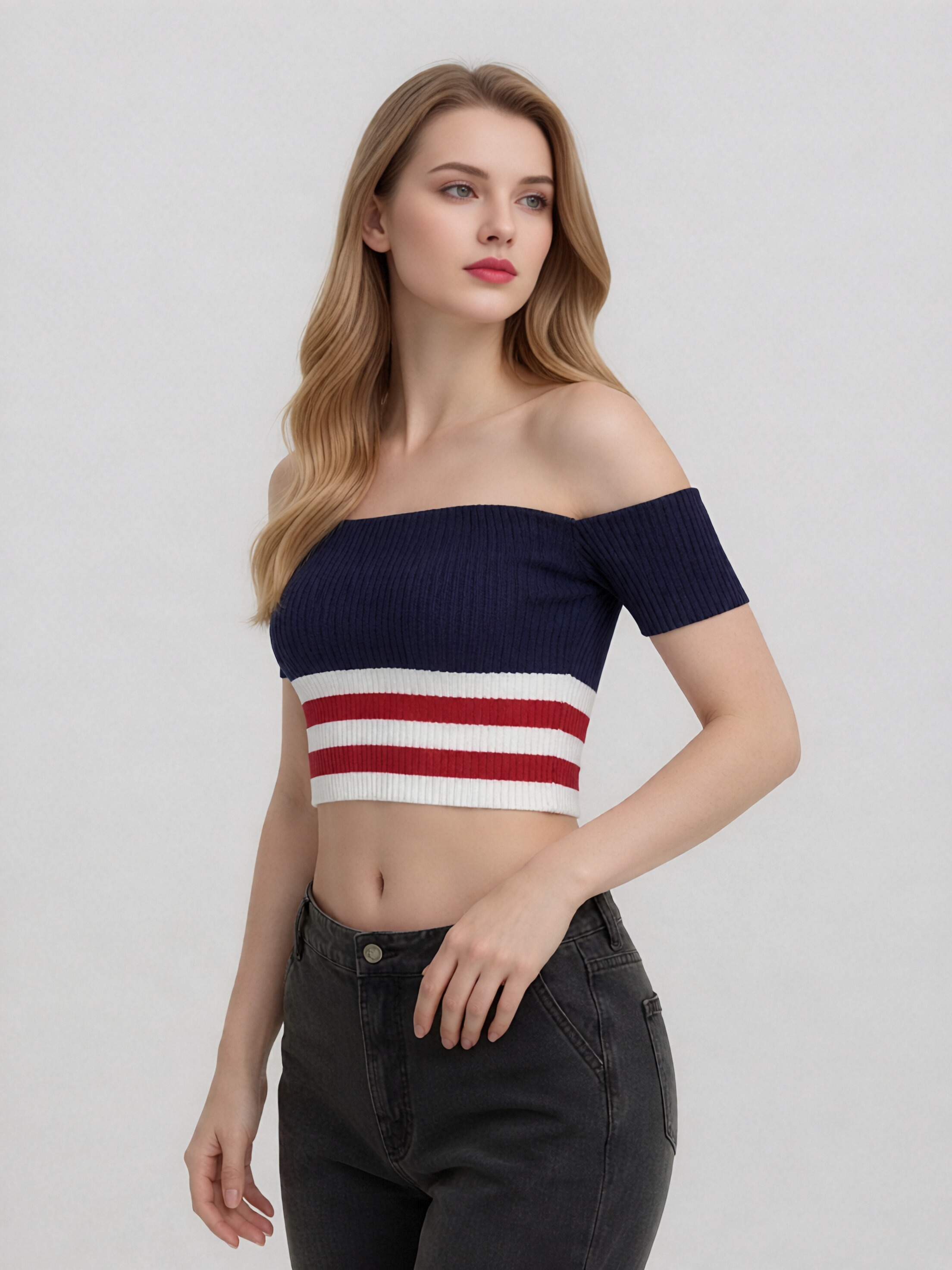 Women Off Shoulder Short Sleeve Ribbed Knit Crop Top, Navy White Red Stripe Color Block Slim Fit Y2K Cropped Knit Tee, Summer Casual Striped Bandeau Knit Blouse view 2