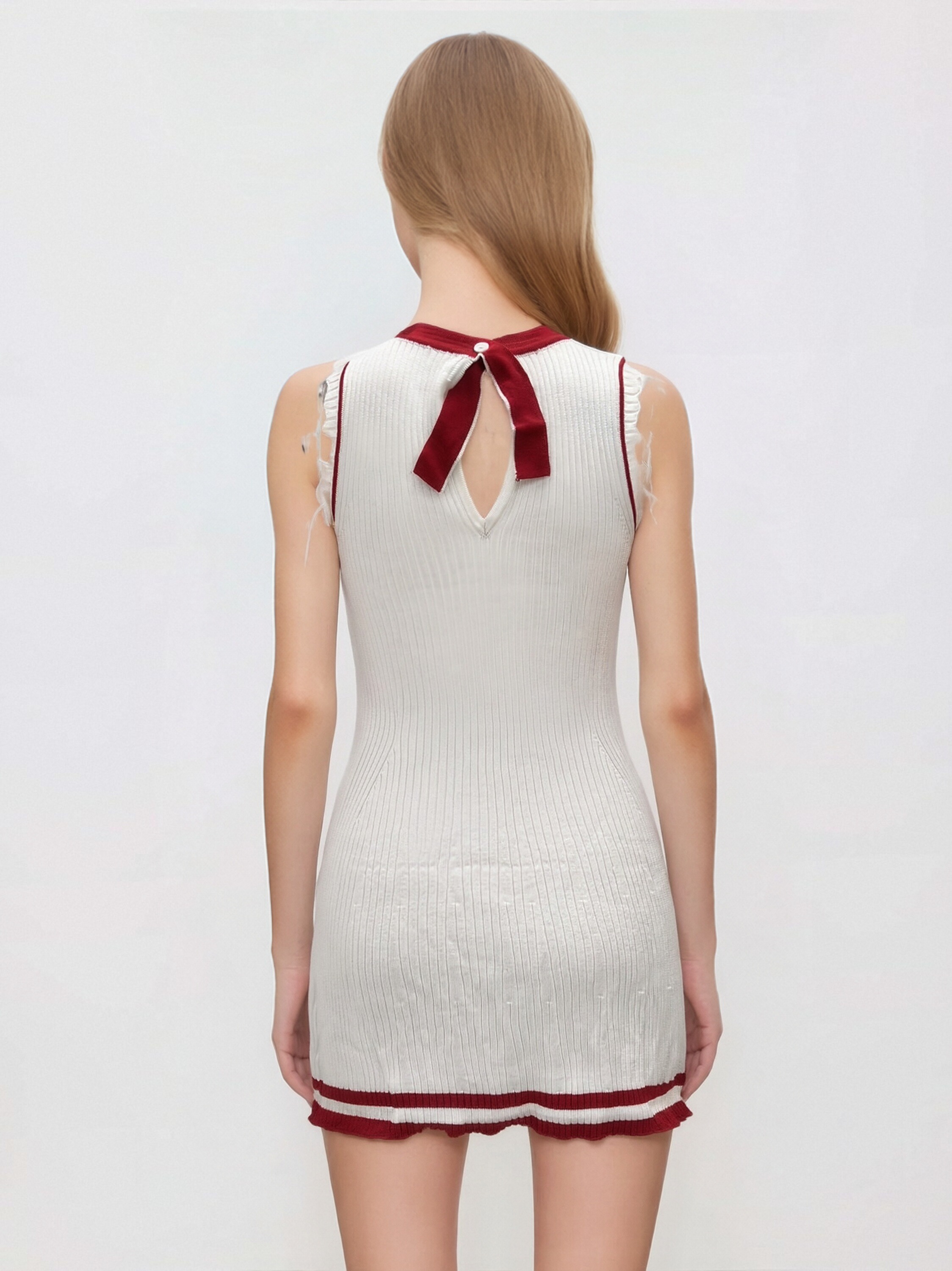 Women Sleeveless Ribbed Knit Bodycon Mini Dress, Color‑Block Trim Tie Neck Hollow Out Tank Short Dress, Y2K Casual Party Pencil Dress view 3