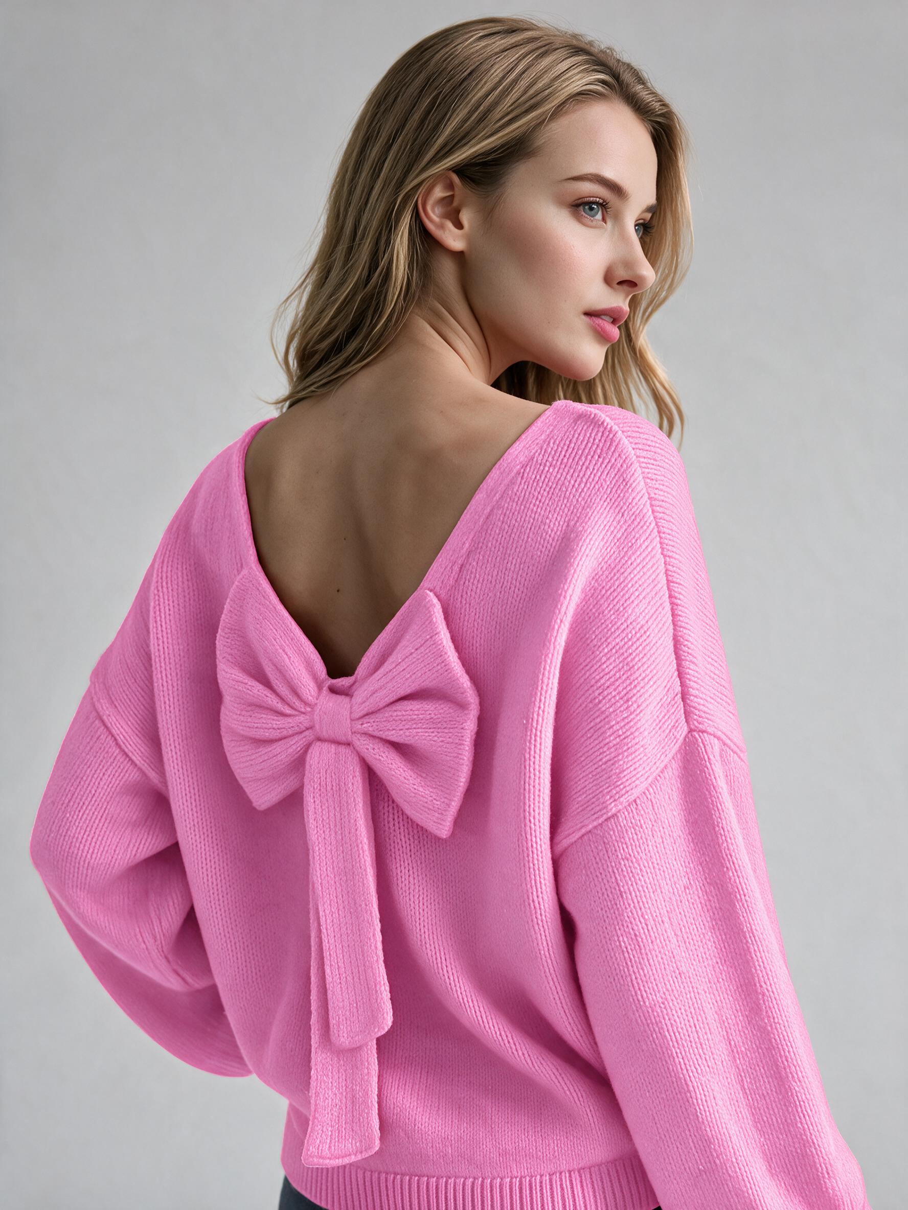 Women Back Big Bow Knit Sweater, Long Sleeve Drop Shoulder Loose Pullover, Backless V‑Back Sweet Casual Jumper Top view 5