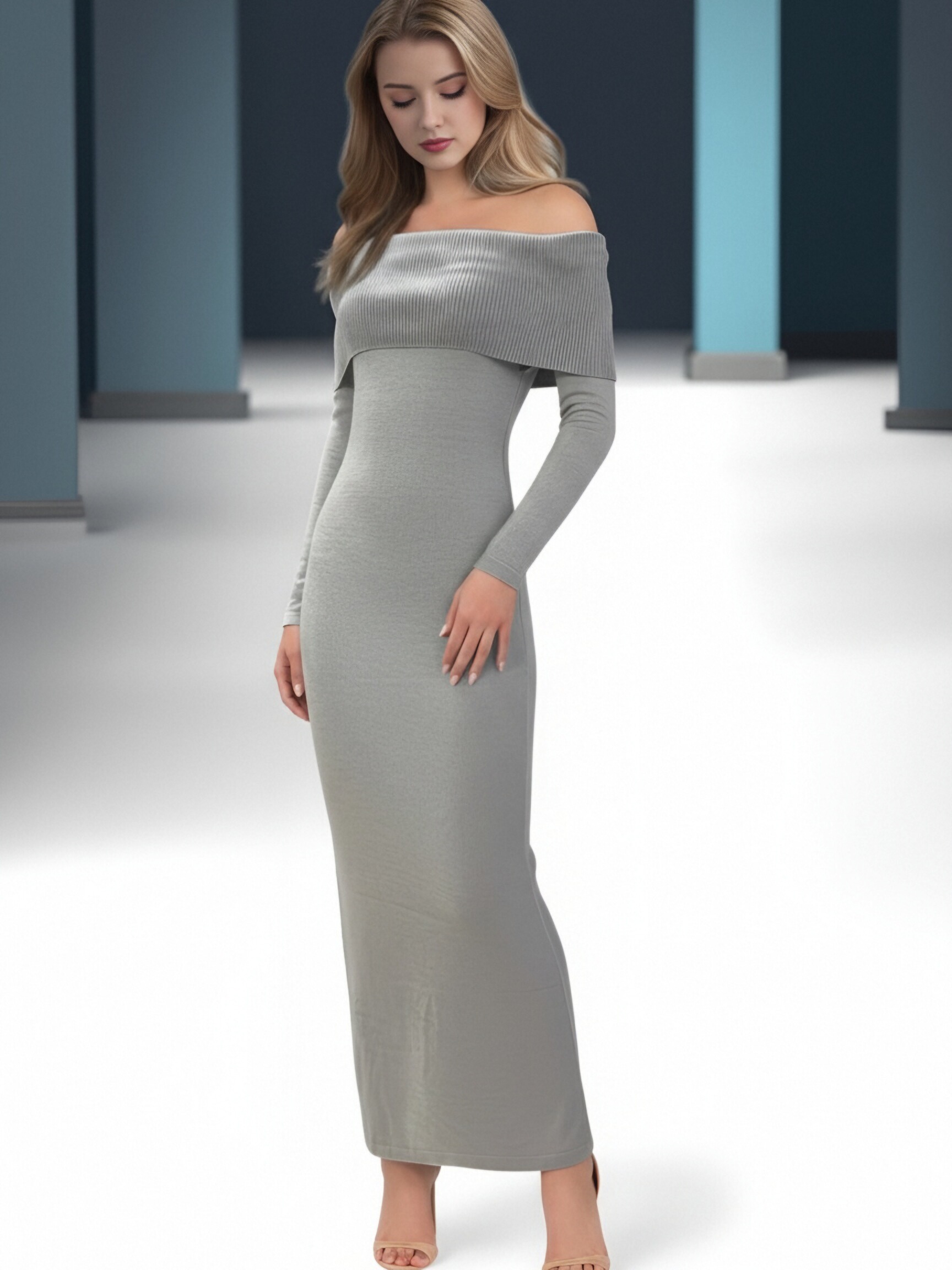 Women Fold Over Off Shoulder Long Sleeve Maxi Dress, Ribbed Knit Bodycon Floor Length Party Dress, Elegant Slim Fit Evening Midi Dress