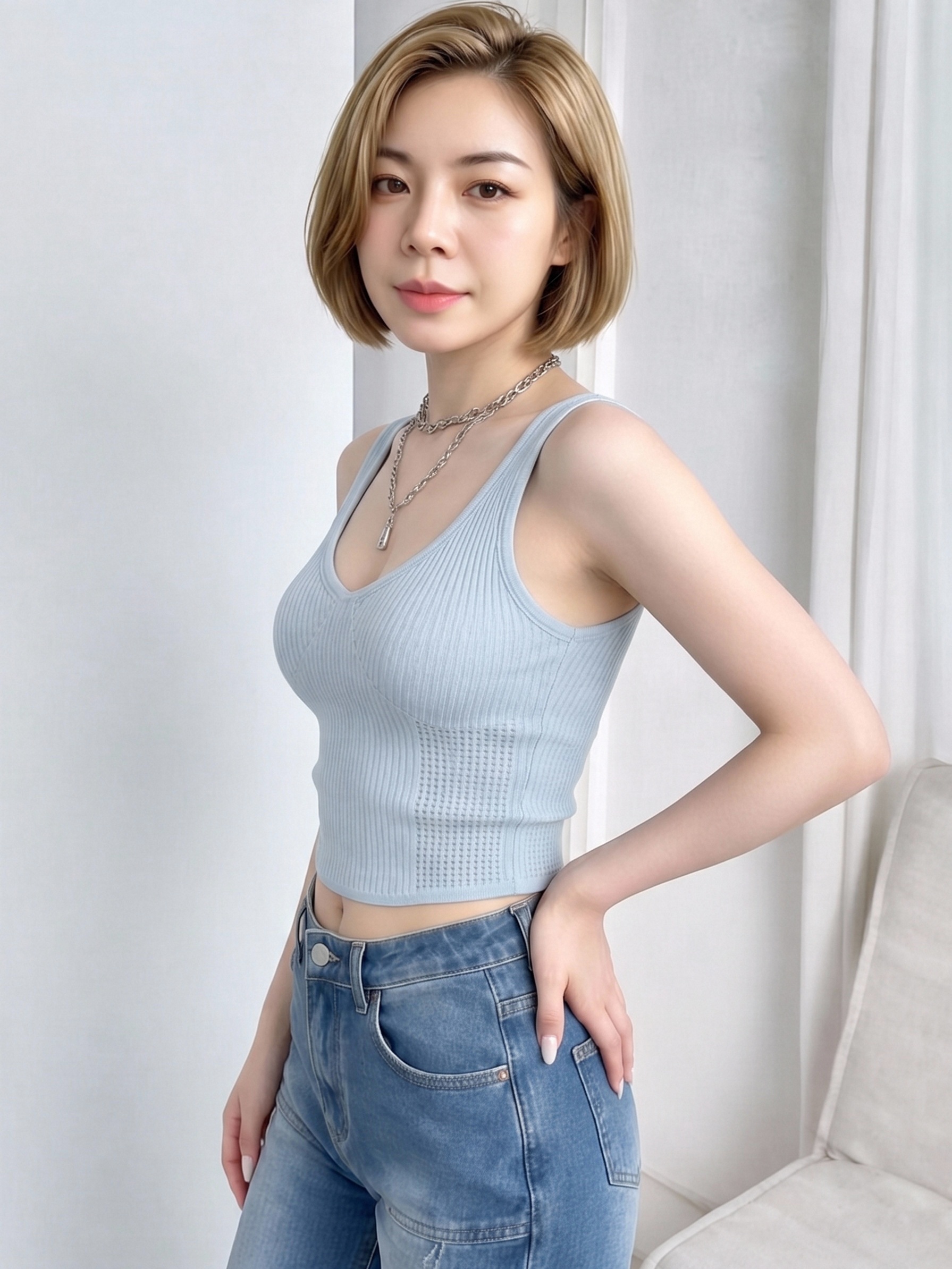 Women Light Blue Ribbed Knit Crop Tank Top, Deep U Neck Hollow Mesh Splice Slim Sleeveless Camisole, Summer Breathable Y2K Cropped Vest view 4