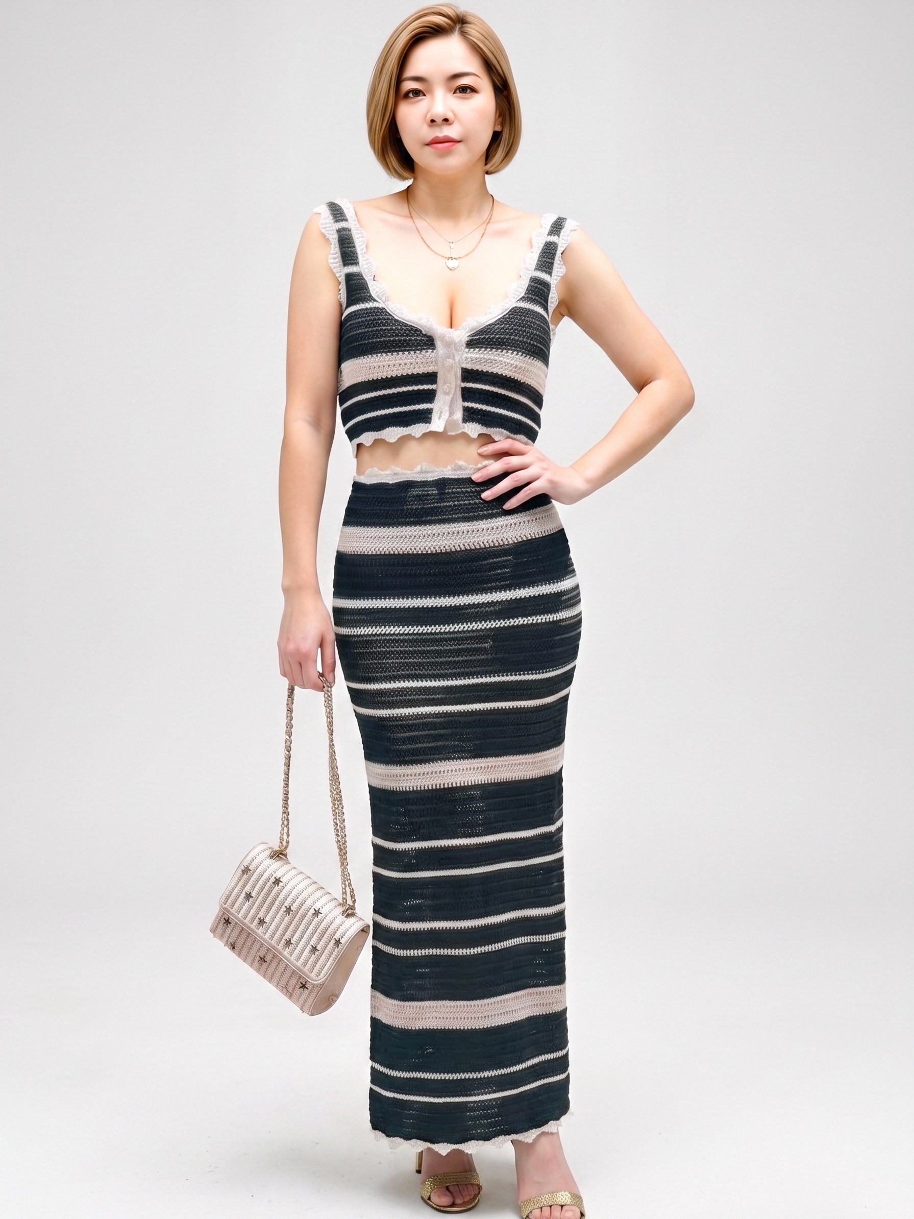Women Striped Knit 2 Piece Skirt Set, Ruffle Trim Spaghetti Strap Button Crop Cami Top + High Waist Bodycon Maxi Skirt, Hollow Out Contrast Stripe Vacation Matching Outfit