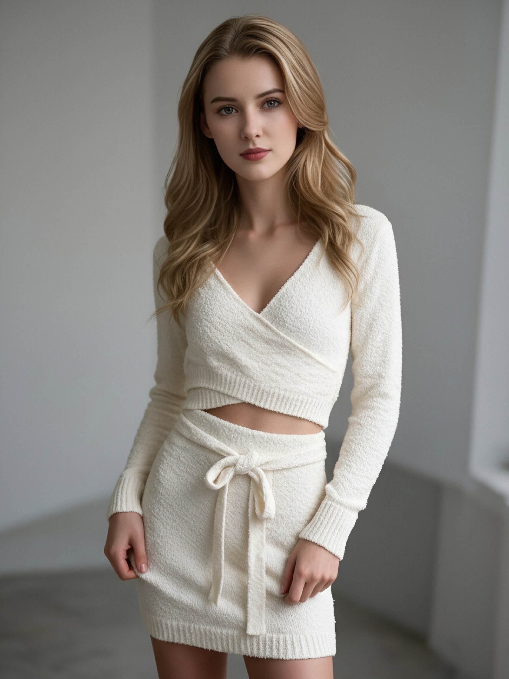Women Wrap V‑Neck Long Sleeve Knit Two Piece Outfit, Crop Top + Tie Waist Mini Skirt Sweater Set, Soft Textured Knit Co‑ord Sets view 5