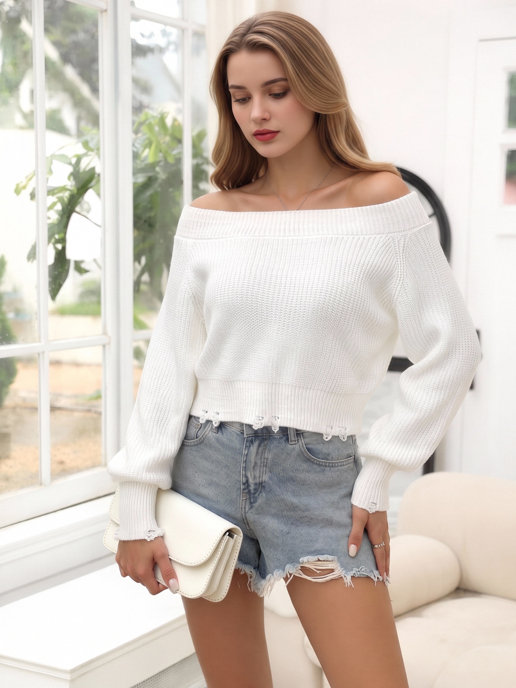 Women Off Shoulder Distressed Knit Crop Sweater, White Waffle Textured Long Puff Sleeve Slash Neck Ripped Hem Cropped Pullover, Y2K Casual Loose Knit Top view 4