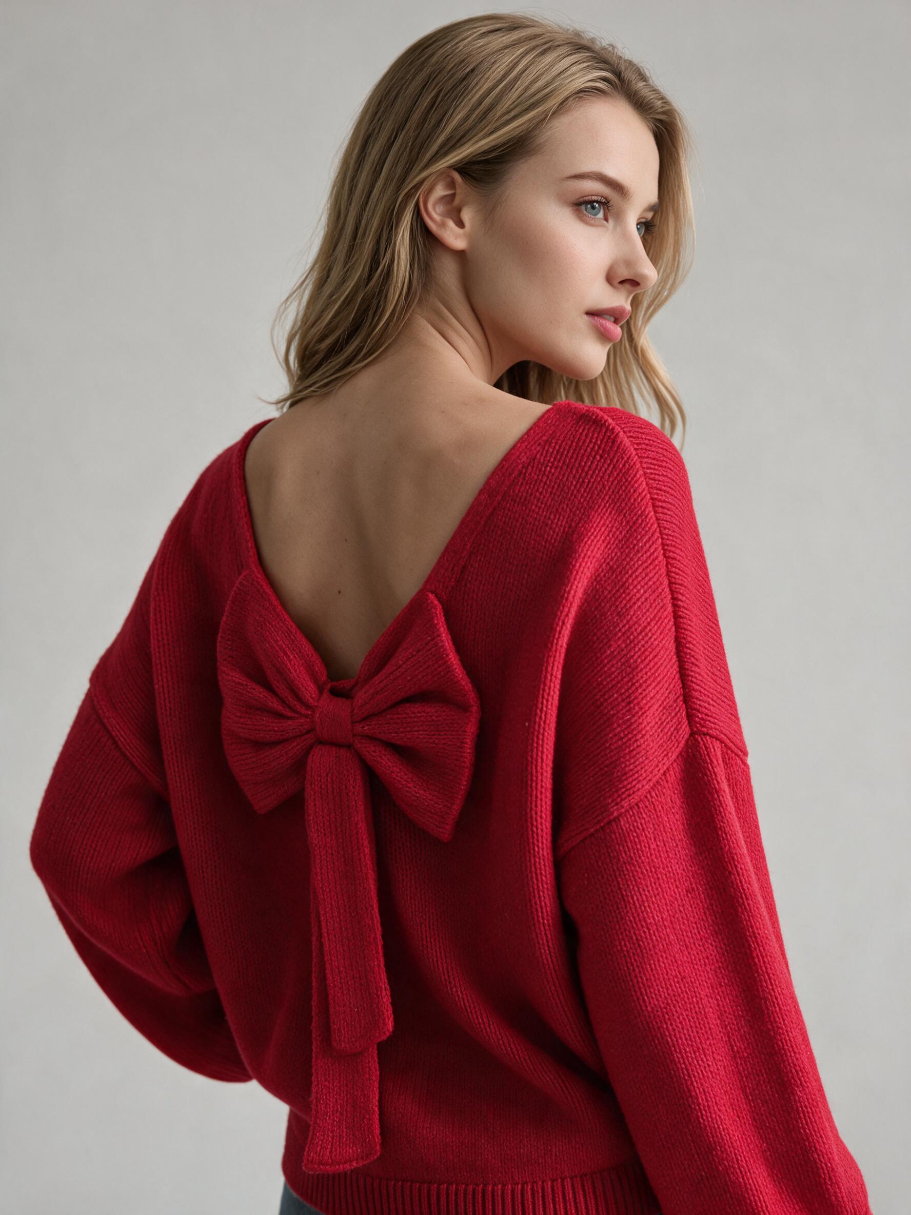 Women Back Big Bow Knit Sweater, Long Sleeve Drop Shoulder Loose Pullover, Backless V‑Back Sweet Casual Jumper Top