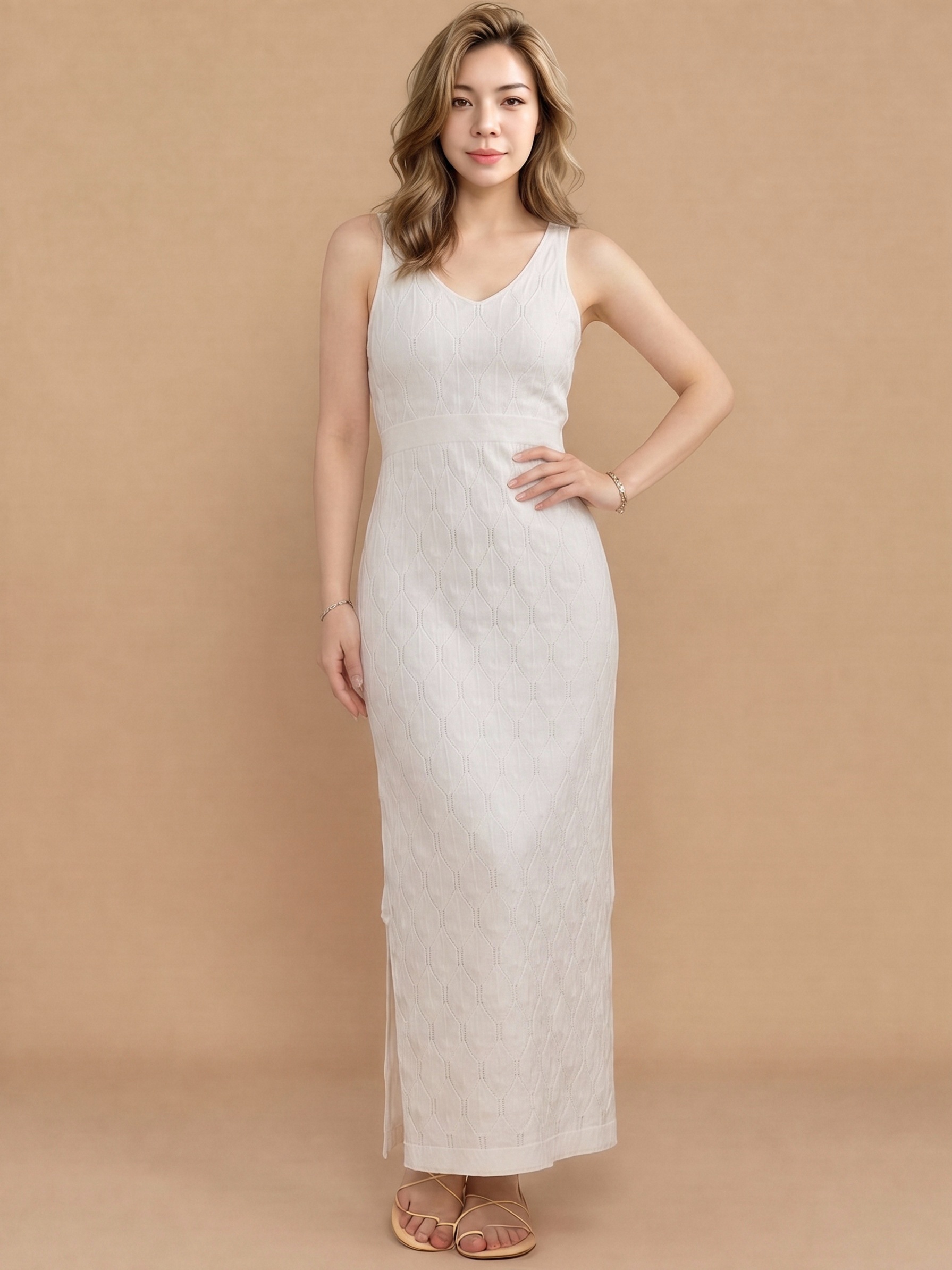 Women Cream Cable Knit Midi Slip Dress, V Neck Sleeveless Waist Band Bodycon Maxi Dress, Side Drawstring Hollow Textured Knit Vacation Dress view 2