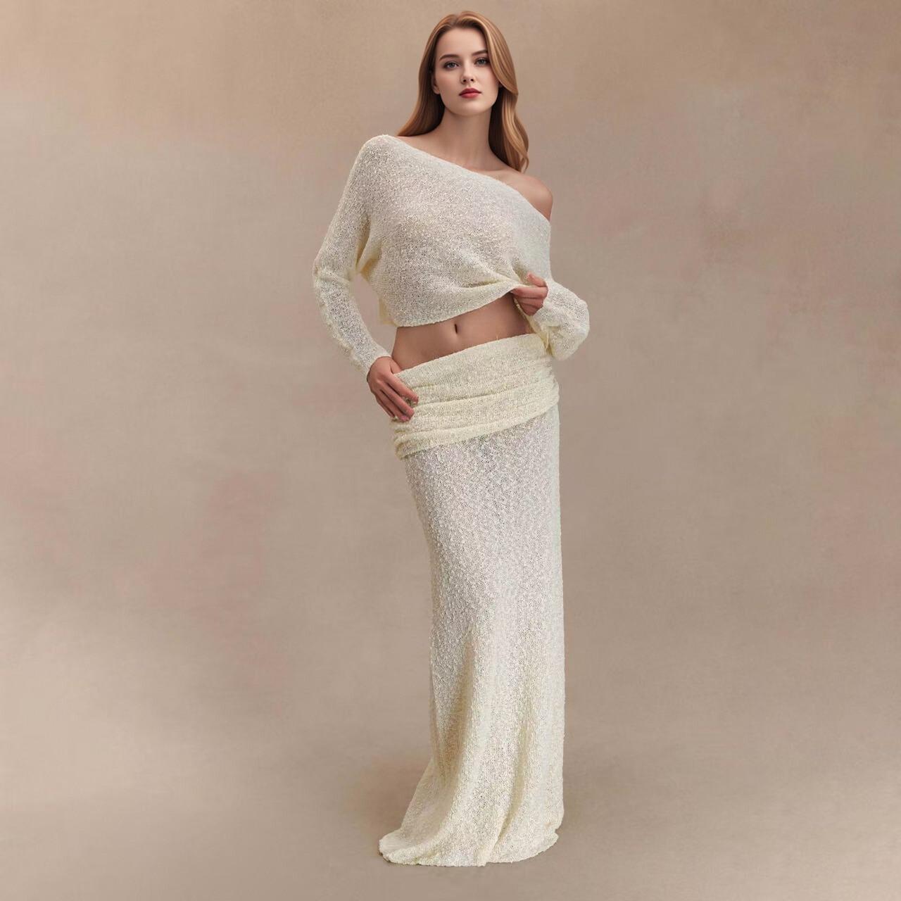 Women Textured Knit 2 Piece Outfit, Off Shoulder Long Sleeve Crop Top & High Waist Ruched Maxi Skirt Matching Set, Casual Solid Knitted Skirt Set view 6