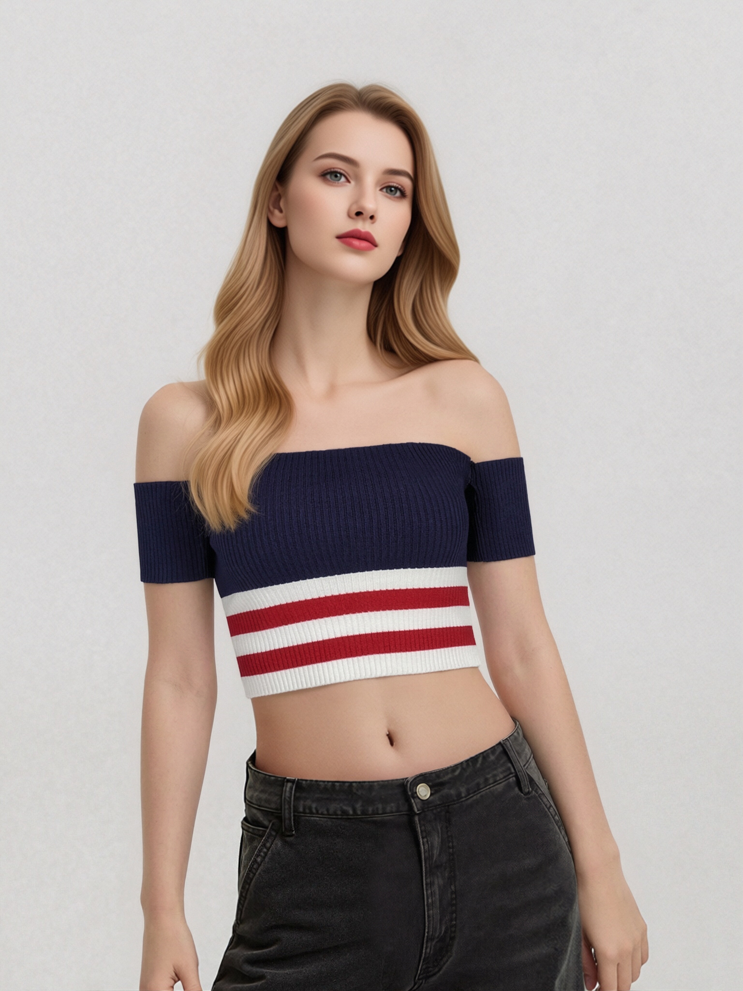 Women Off Shoulder Short Sleeve Ribbed Knit Crop Top, Navy White Red Stripe Color Block Slim Fit Y2K Cropped Knit Tee, Summer Casual Striped Bandeau Knit Blouse view 5